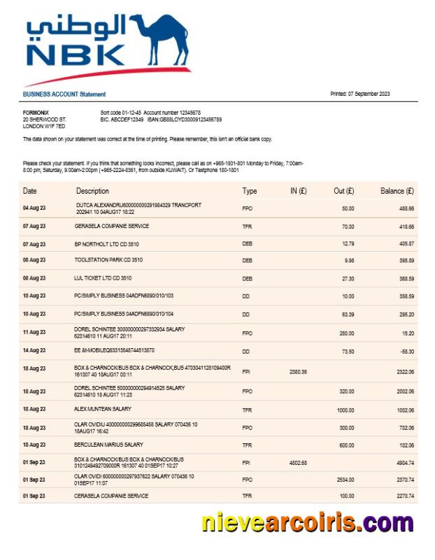 NBK Bank business statement